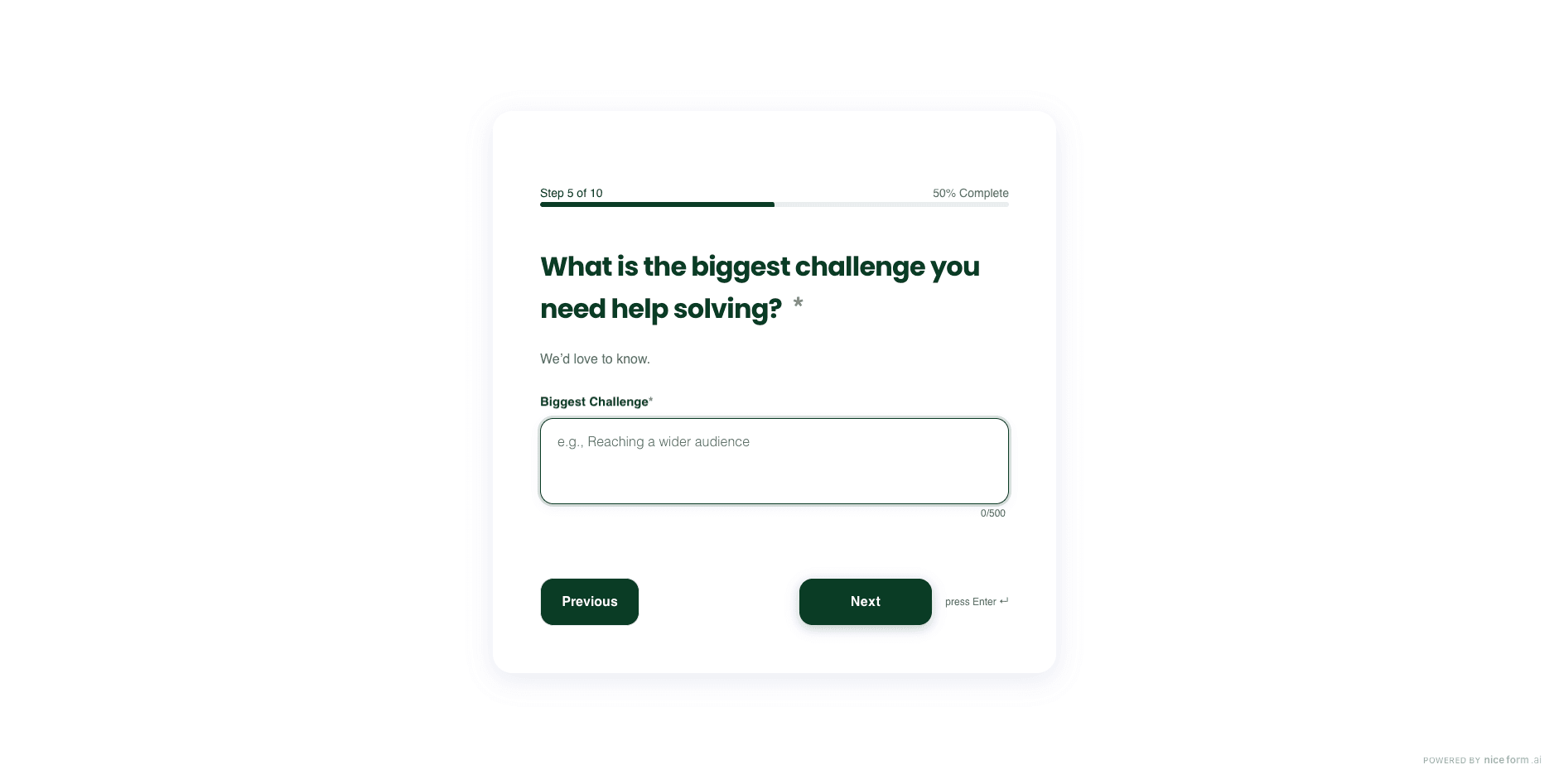 Business challenge question in a premium agency lead qualification form created in Niceform