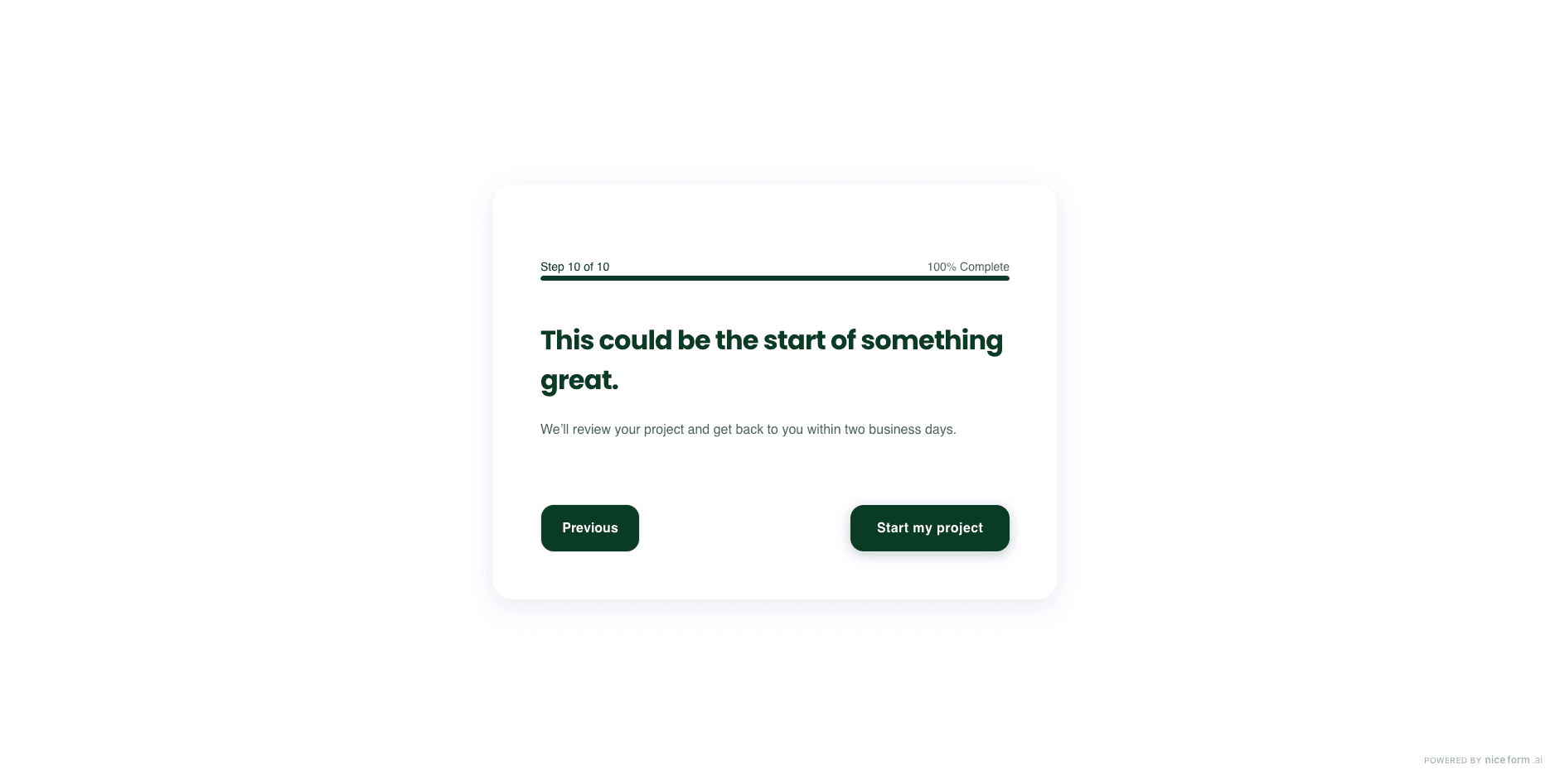 Completion screen of a premium agency lead qualification form created in Niceform