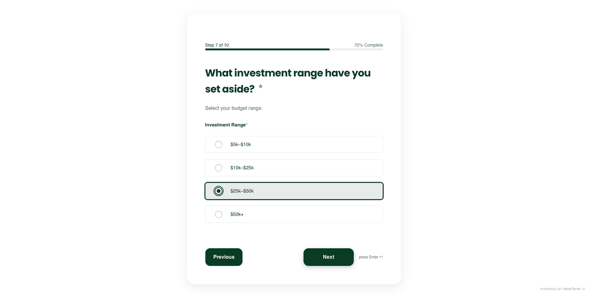 Investment range question in a premium agency lead qualification form created in Niceform