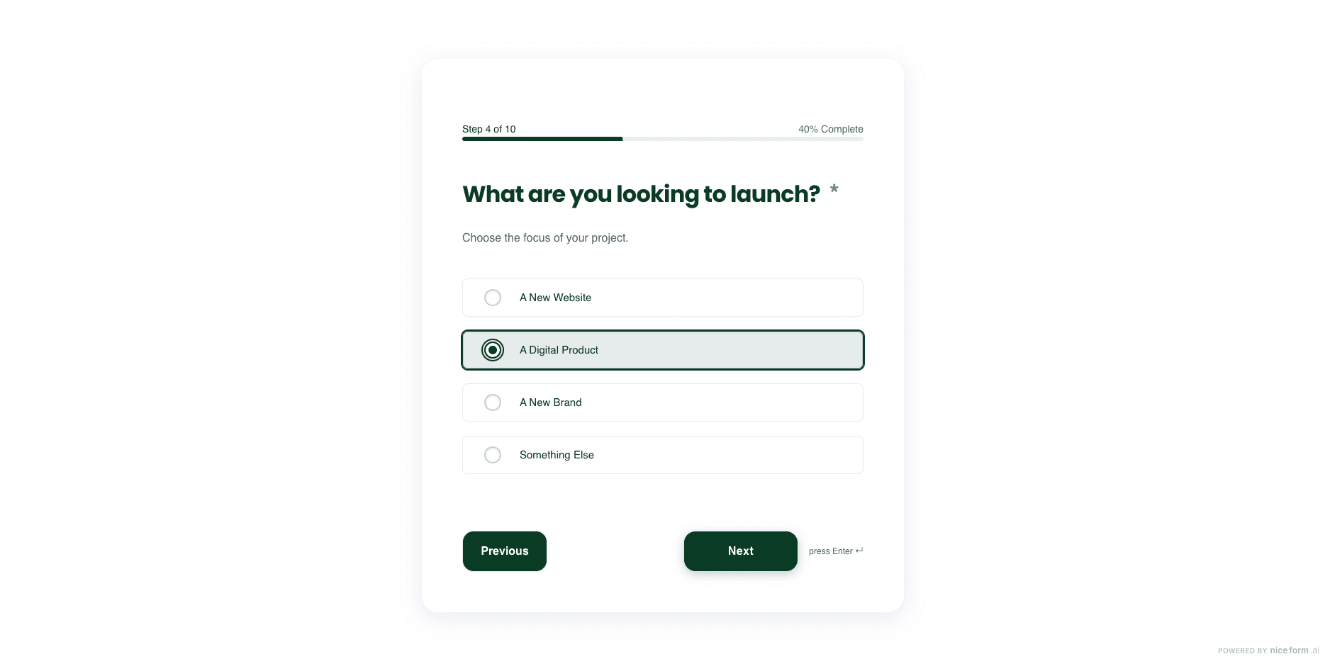 Project type question in a premium agency lead qualification form created in Niceform